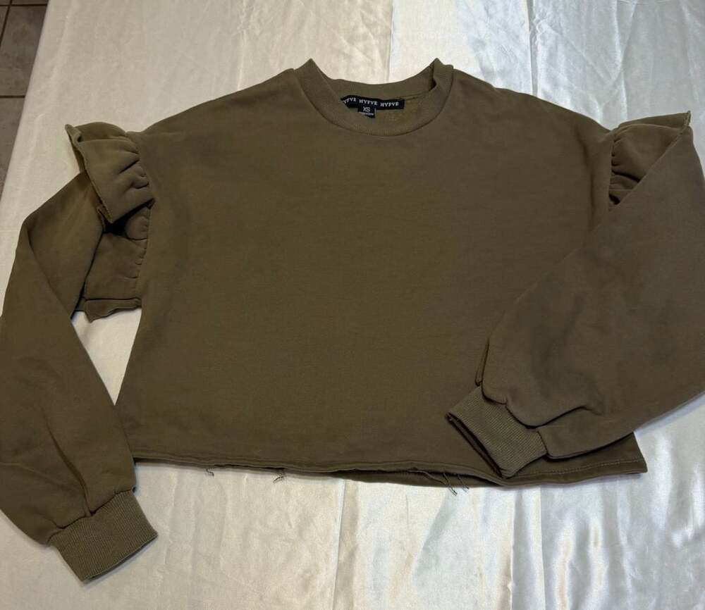 HYFVE Olive Green Cropped Ruffle Sleeve Sweatshirt Size XS